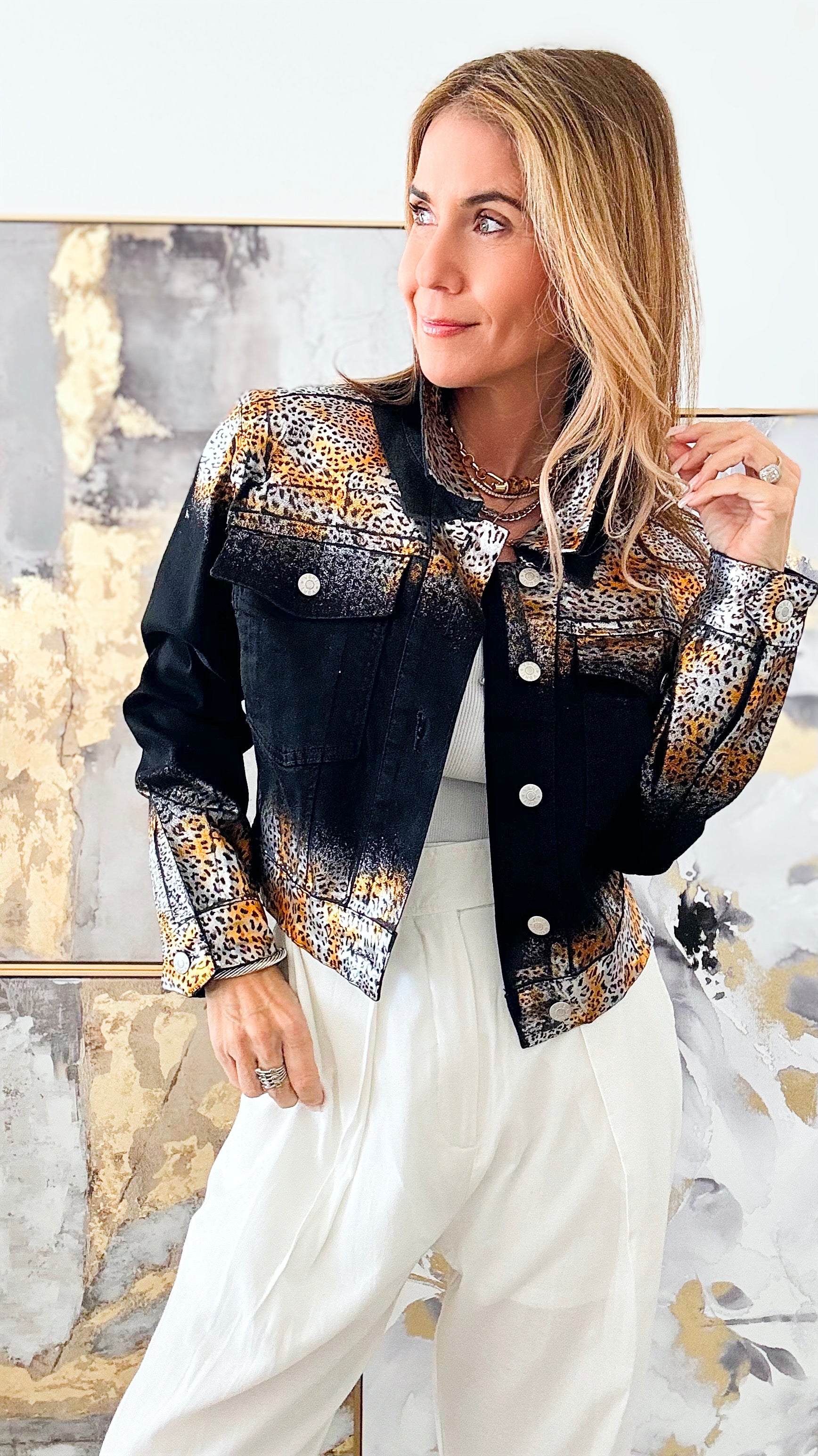 Wild Print Metallic Denim Jacket-160 Jackets-Vibrant M.i.U-Coastal Bloom Boutique, find the trendiest versions of the popular styles and looks Located in Indialantic, FL