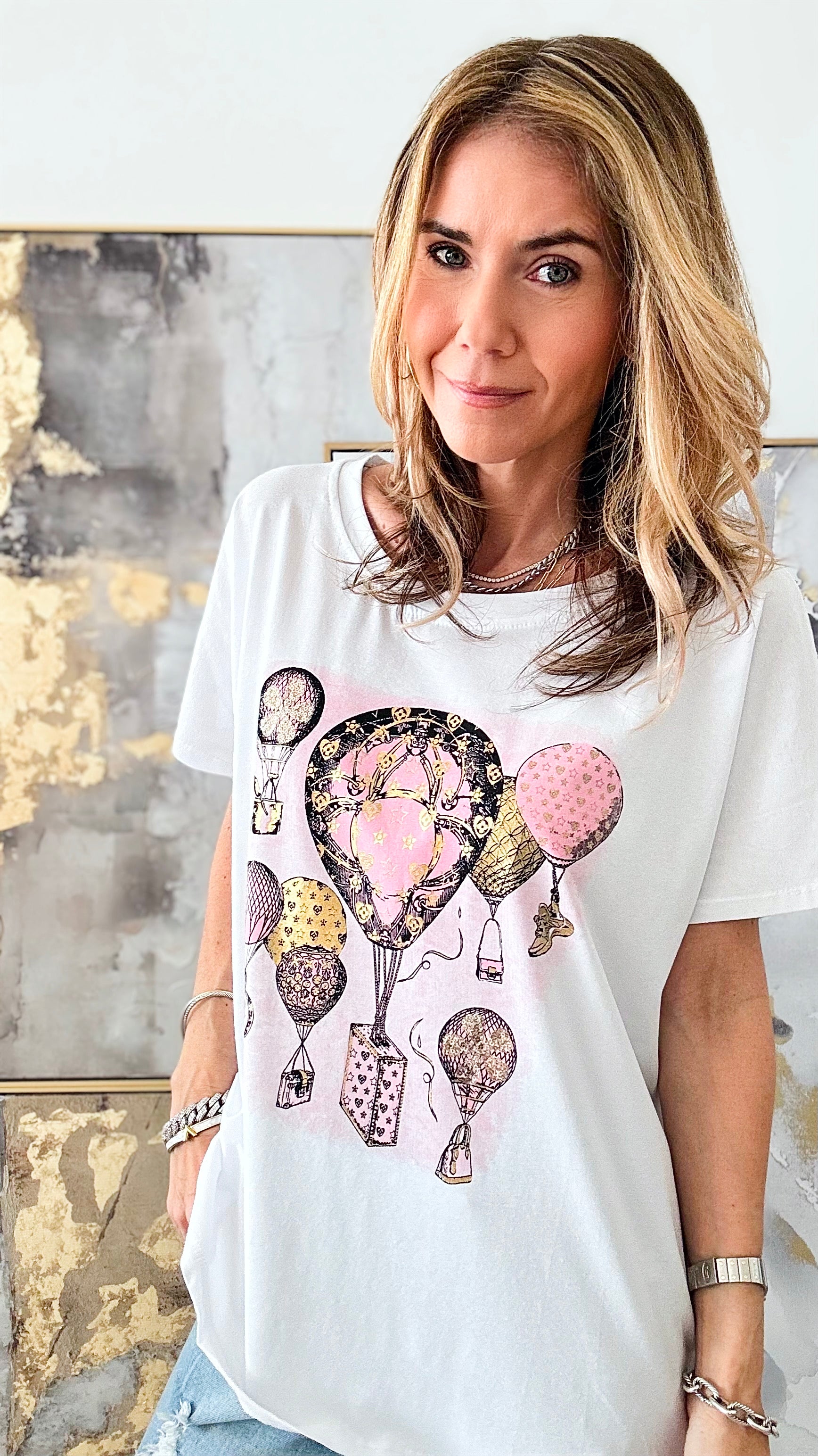 Trouble In The Sky Italian Graphic Tee - White/Pink-110 Short Sleeve Tops-Italianissimo-Coastal Bloom Boutique, find the trendiest versions of the popular styles and looks Located in Indialantic, FL