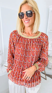 Pleated Italian Blouse - Rust-130 Long Sleeve Tops-Germany-Coastal Bloom Boutique, find the trendiest versions of the popular styles and looks Located in Indialantic, FL