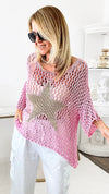 Metallic Star Italian Chain Sweater - Pink/Gold-140 Sweaters-Germany-Coastal Bloom Boutique, find the trendiest versions of the popular styles and looks Located in Indialantic, FL