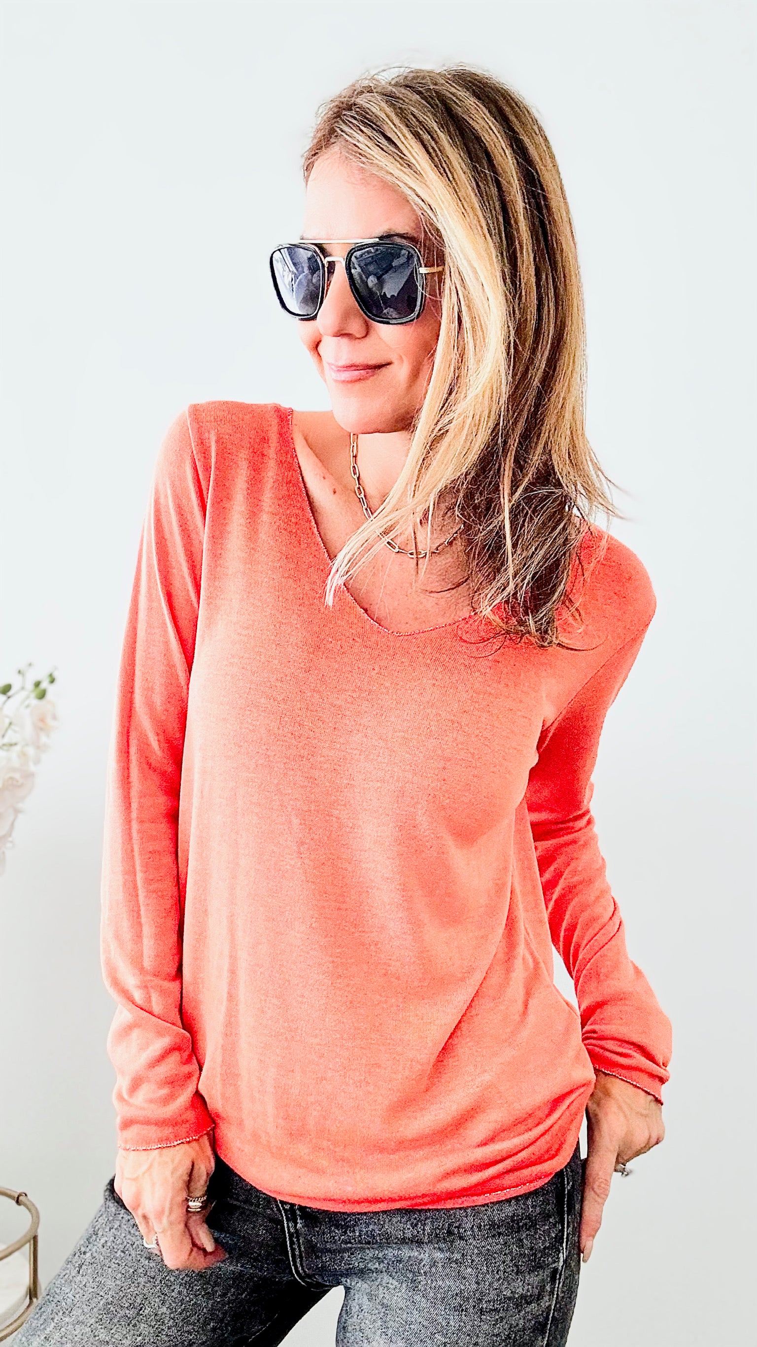 Recoleta Lurex Trim Italian Top- Orange-130 Long Sleeve Tops-Italianissimo-Coastal Bloom Boutique, find the trendiest versions of the popular styles and looks Located in Indialantic, FL