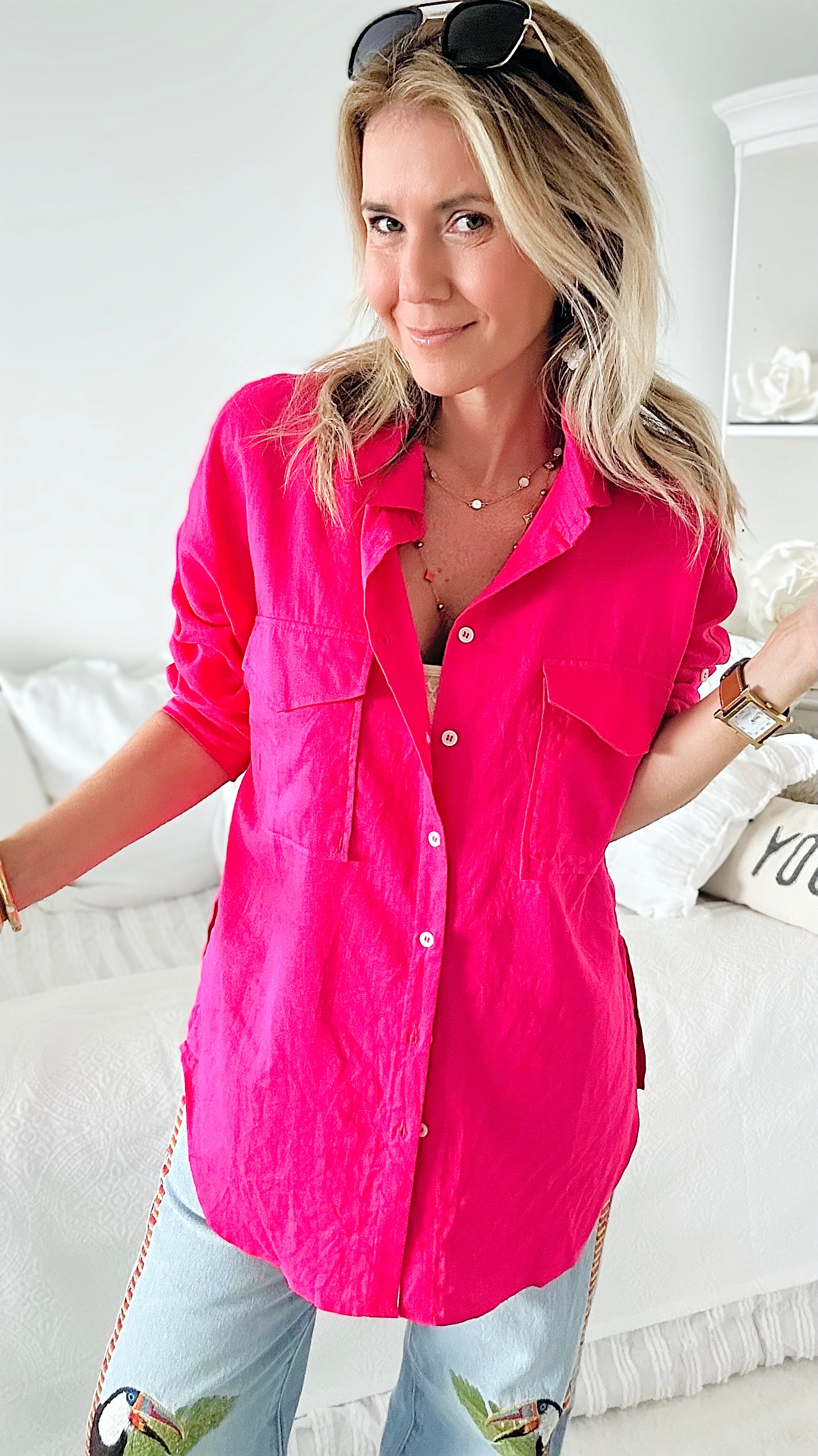 Oversized Double Pocket Blouse - Fuchsia-130 Long Sleeve Tops-Love Tree Fashion-Coastal Bloom Boutique, find the trendiest versions of the popular styles and looks Located in Indialantic, FL