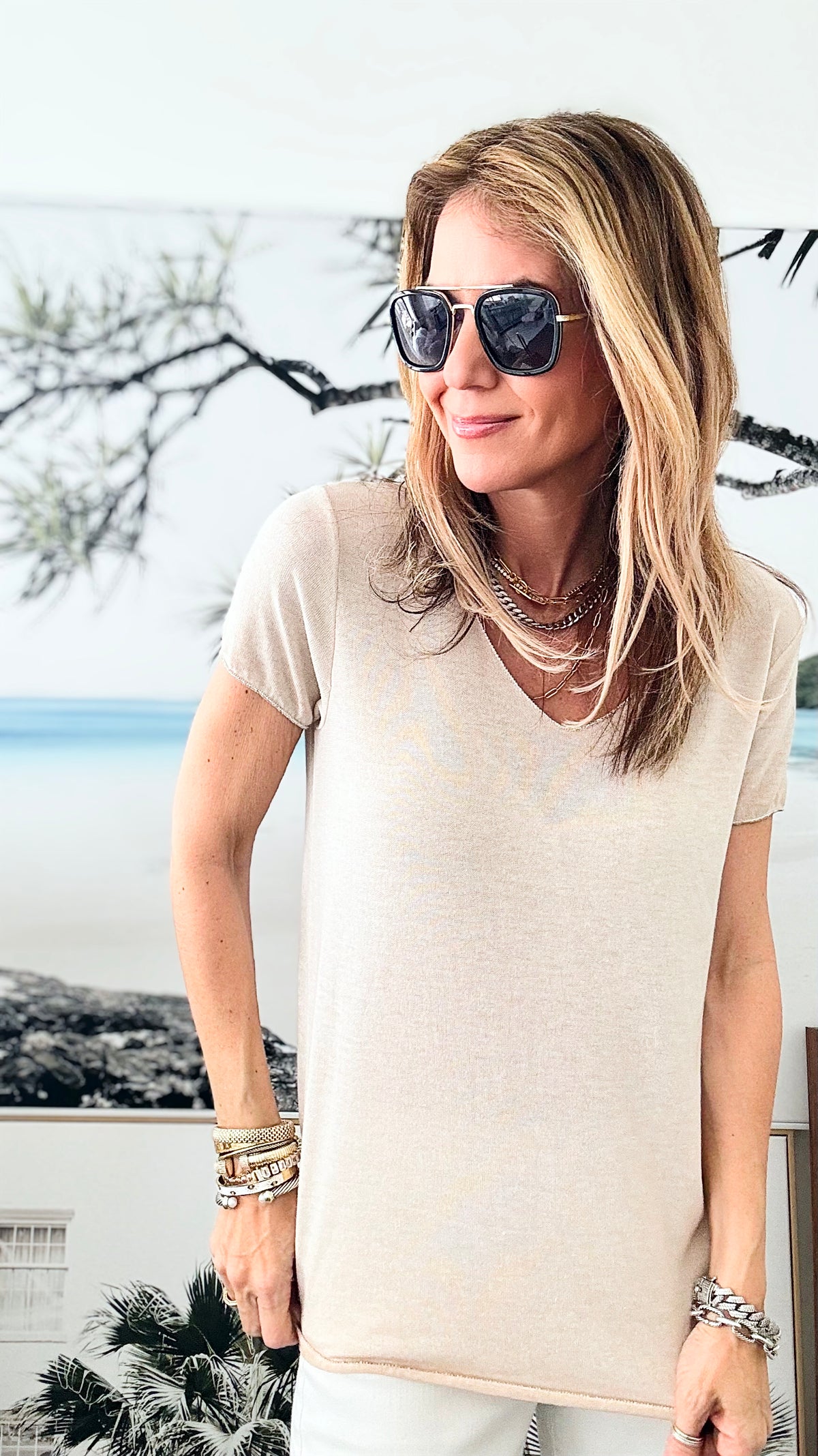 Recoleta Short Sleeve Italian Top - Beige-110 Short Sleeve Tops-Yolly-Coastal Bloom Boutique, find the trendiest versions of the popular styles and looks Located in Indialantic, FL