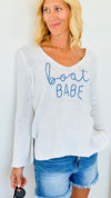 'Boat Ready' Cursive Print Sweater-140 Sweaters-Miracle-Coastal Bloom Boutique, find the trendiest versions of the popular styles and looks Located in Indialantic, FL