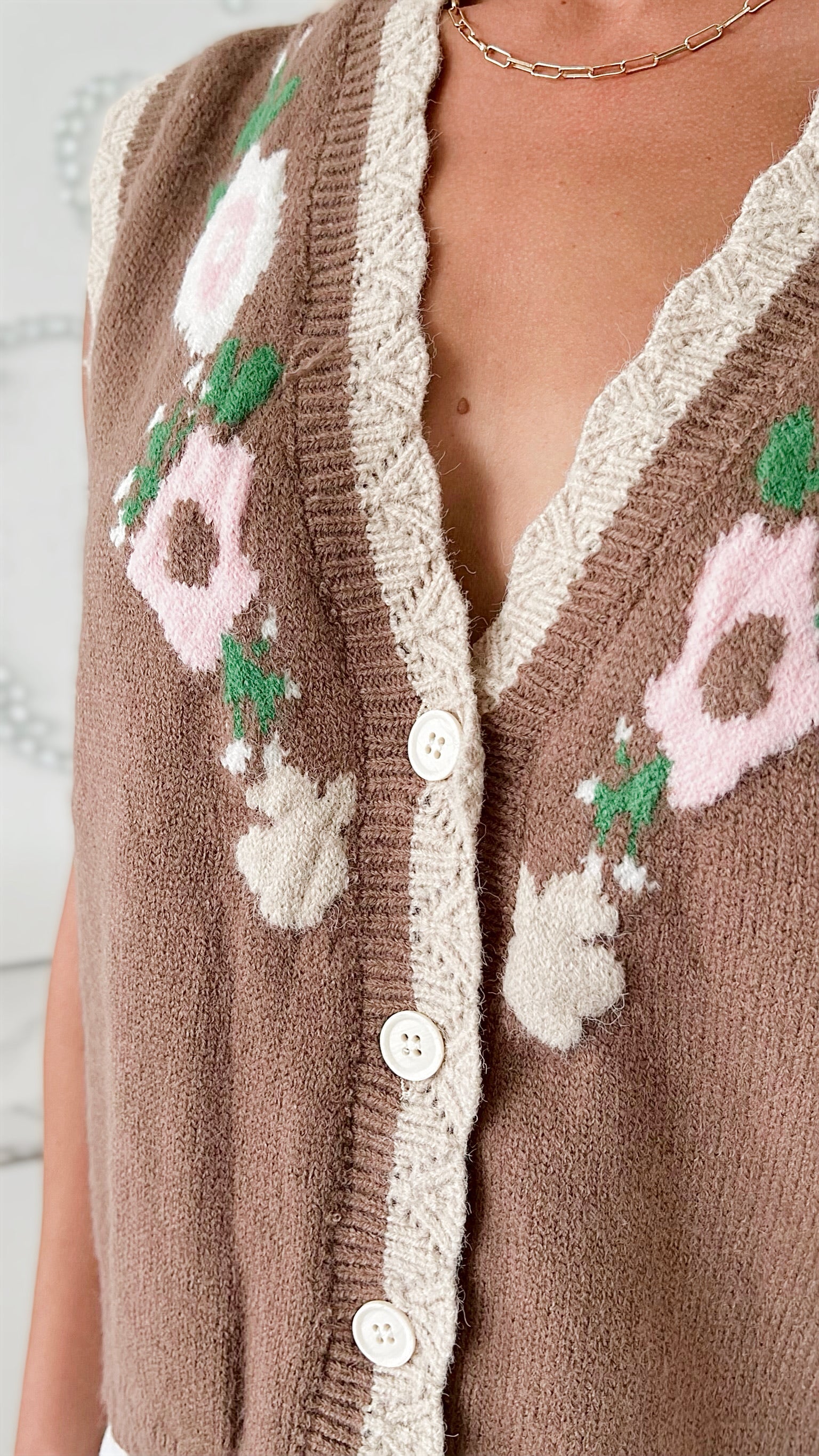 Flower Knit Sweater Vest- Chocolate-140 Sweaters-pol-Coastal Bloom Boutique, find the trendiest versions of the popular styles and looks Located in Indialantic, FL