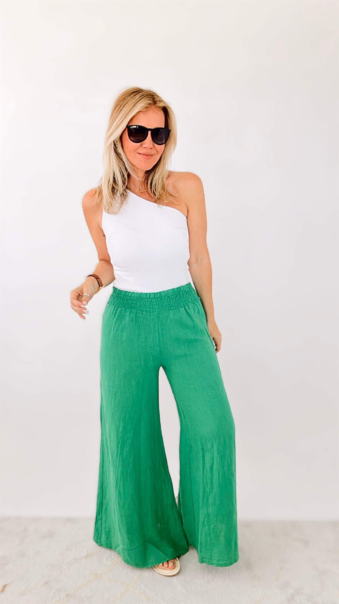 Born Free Linen Italian Palazzo - Green-170 Bottoms-Italianissimo-Coastal Bloom Boutique, find the trendiest versions of the popular styles and looks Located in Indialantic, FL