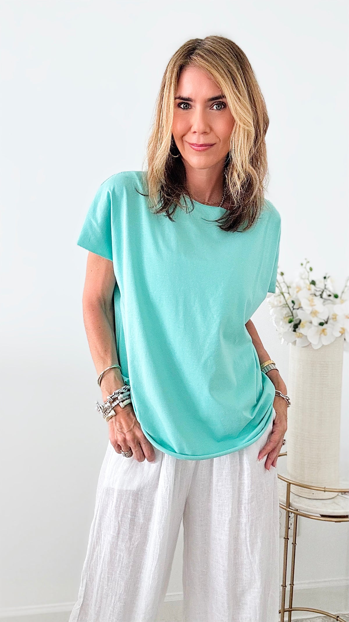 Pre Order - Easy Breezy Italian tee - Aqua-110 Short Sleeve Tops-Italianissimo-Coastal Bloom Boutique, find the trendiest versions of the popular styles and looks Located in Indialantic, FL