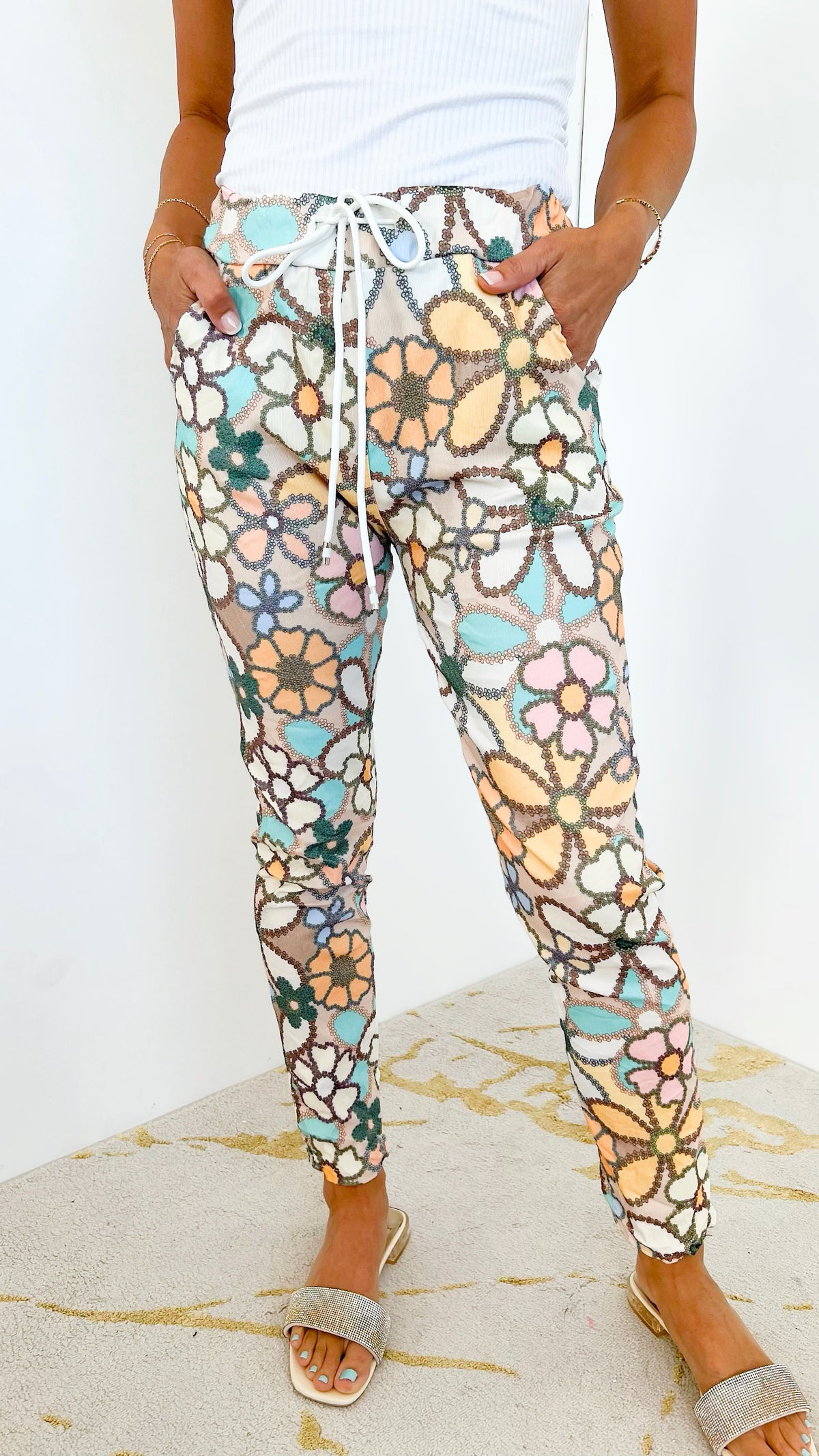 Daisy Chain Italian Joggers - Taupe /Multi – Coastal Bloom