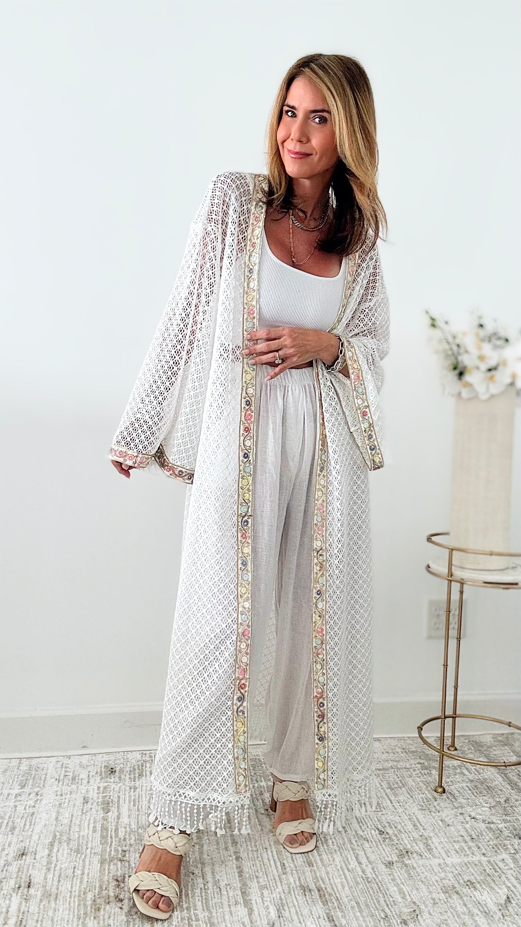 Open Embellished Knit Long Kimono - White-150 Cardigan Layers-original usa-Coastal Bloom Boutique, find the trendiest versions of the popular styles and looks Located in Indialantic, FL