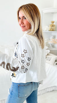 A Work of Art Zip Jacket - White-160 Jackets-Aratta-Coastal Bloom Boutique, find the trendiest versions of the popular styles and looks Located in Indialantic, FL