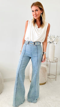 Gold Buckle High Waist Pant- Light Blue-170 Bottoms-Valentine-Coastal Bloom Boutique, find the trendiest versions of the popular styles and looks Located in Indialantic, FL