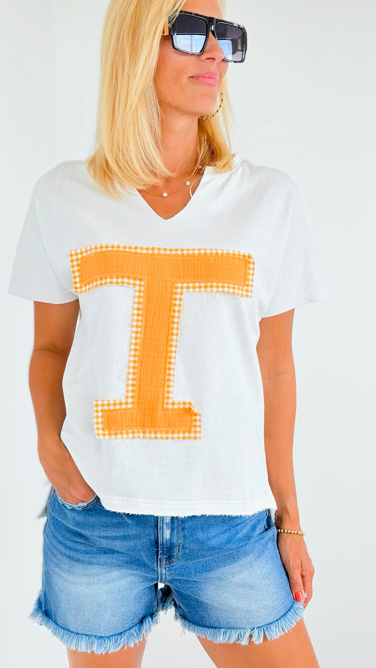 Vols Patchwork Top - White-110 Short Sleeve Tops-Anniewear-Coastal Bloom Boutique, find the trendiest versions of the popular styles and looks Located in Indialantic, FL