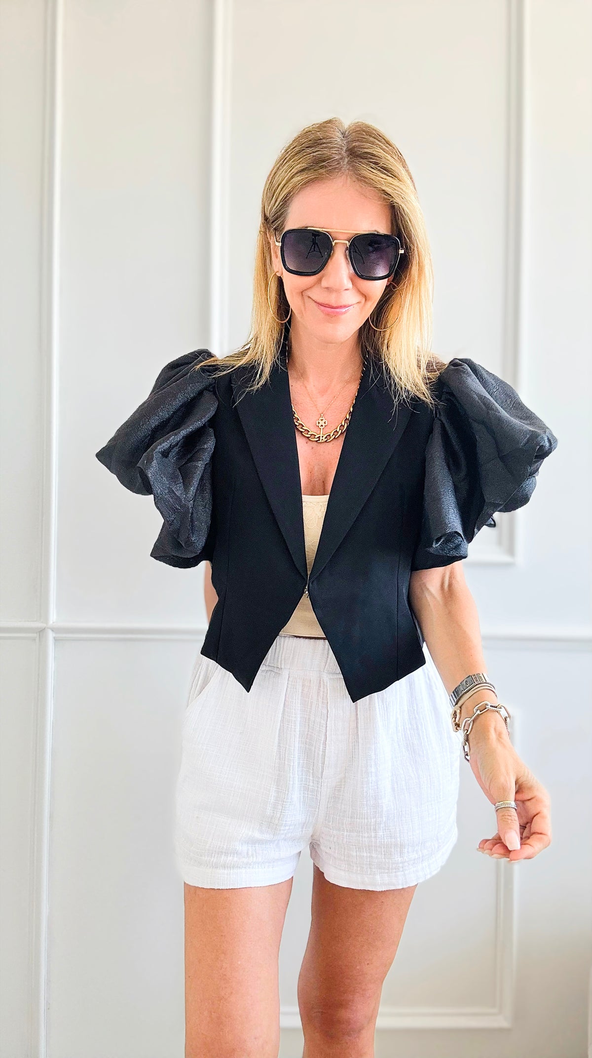 Plunging Puff Sleeve Single Button Blouse - Black-110 Short Sleeve Tops-LA ROS-Coastal Bloom Boutique, find the trendiest versions of the popular styles and looks Located in Indialantic, FL