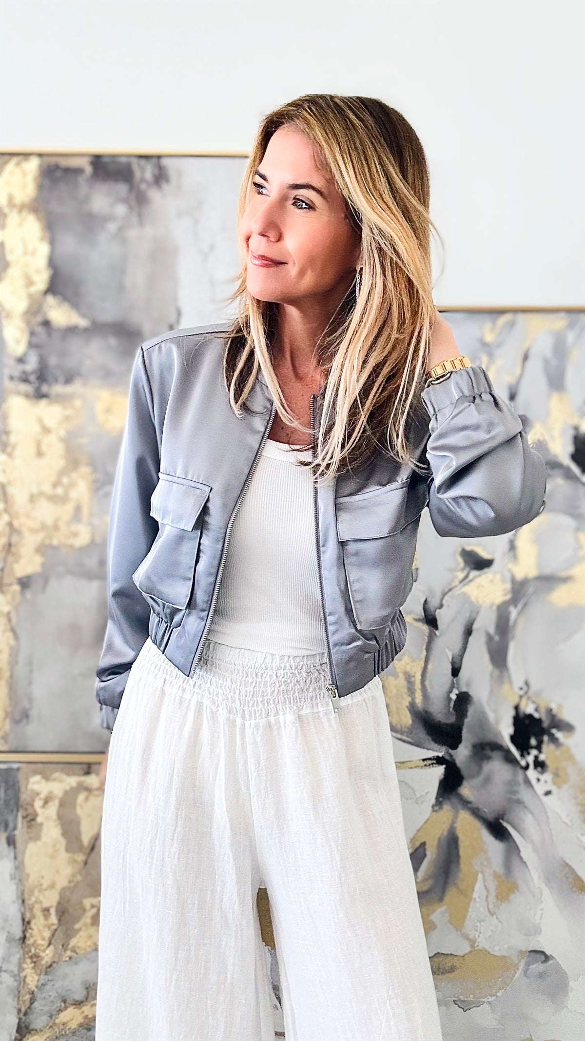 Satin Cropped Bomber Jacket - Grey-160 Jackets-Love Tree Fashion-Coastal Bloom Boutique, find the trendiest versions of the popular styles and looks Located in Indialantic, FL