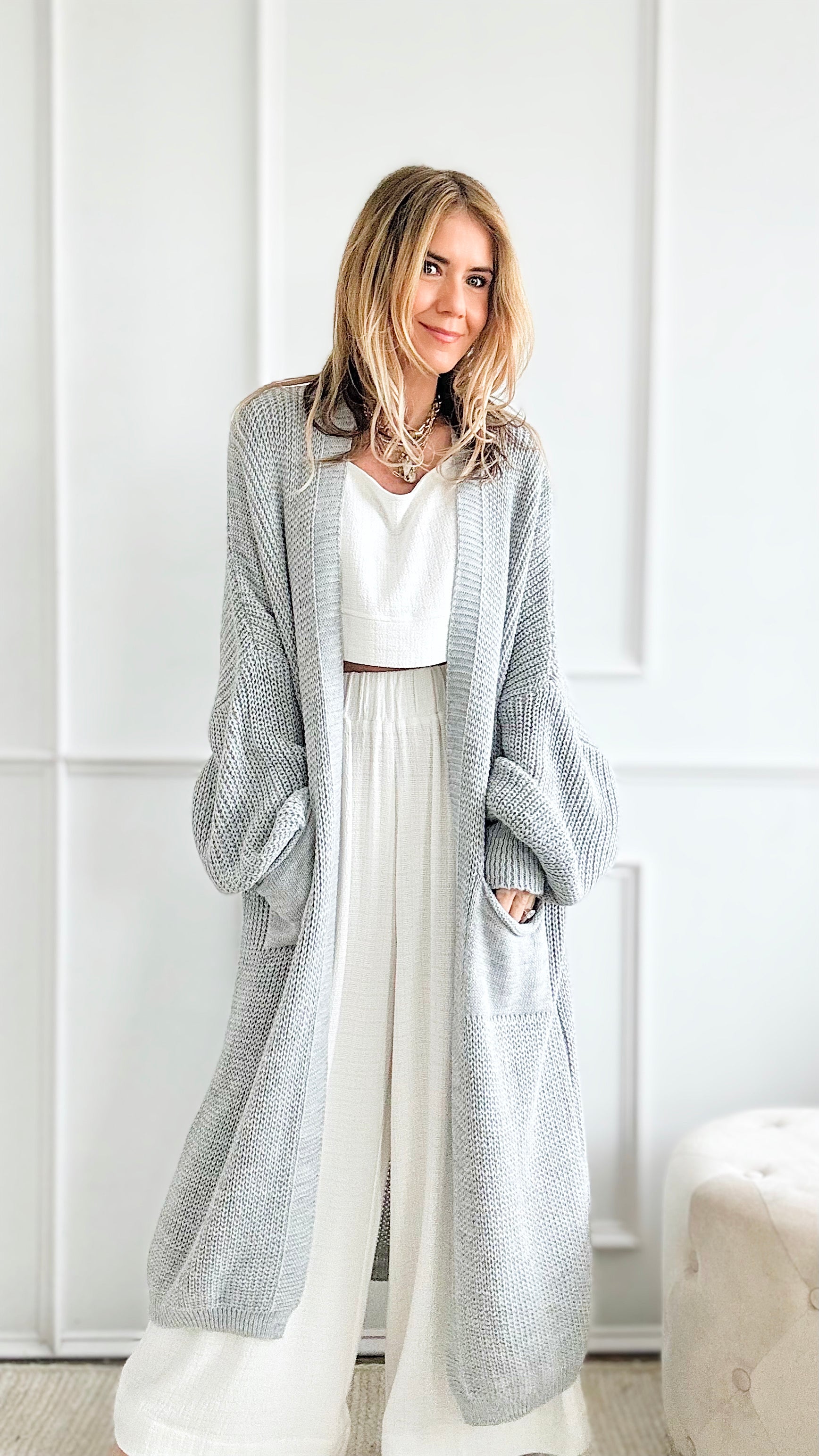 Sugar High Long Italian Cardigan - Lt Grey-150 Cardigans/Layers-Germany-Coastal Bloom Boutique, find the trendiest versions of the popular styles and looks Located in Indialantic, FL
