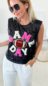 Saturday Game Day Sequin Bling Top - Black/Fuchsia-110 Short Sleeve Tops-BIBI-Coastal Bloom Boutique, find the trendiest versions of the popular styles and looks Located in Indialantic, FL