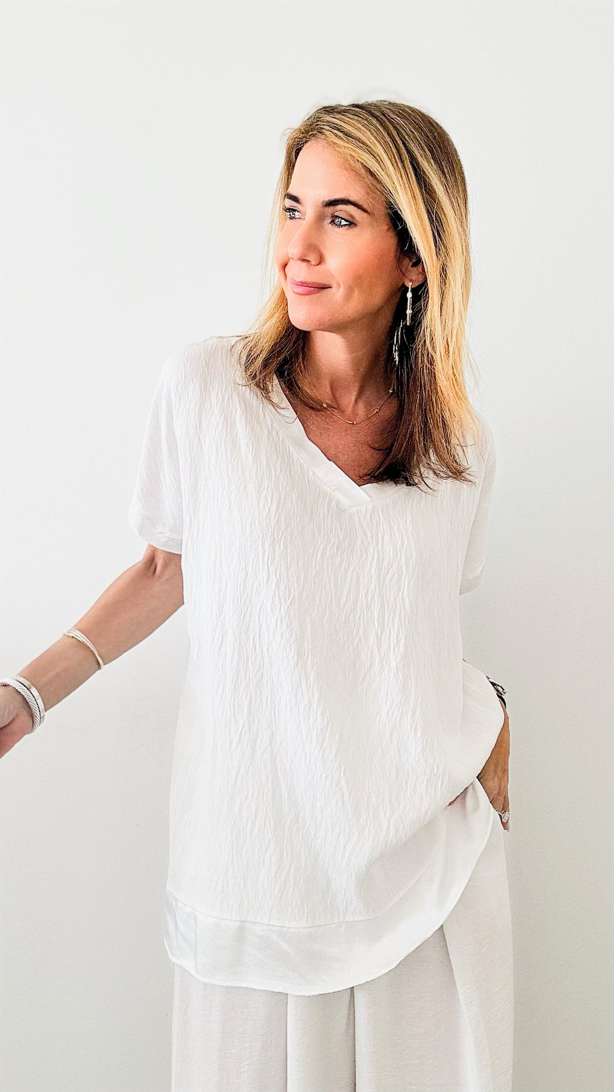 Satin Trim Italian Top - White-110 Short Sleeve Tops-Italianissimo-Coastal Bloom Boutique, find the trendiest versions of the popular styles and looks Located in Indialantic, FL