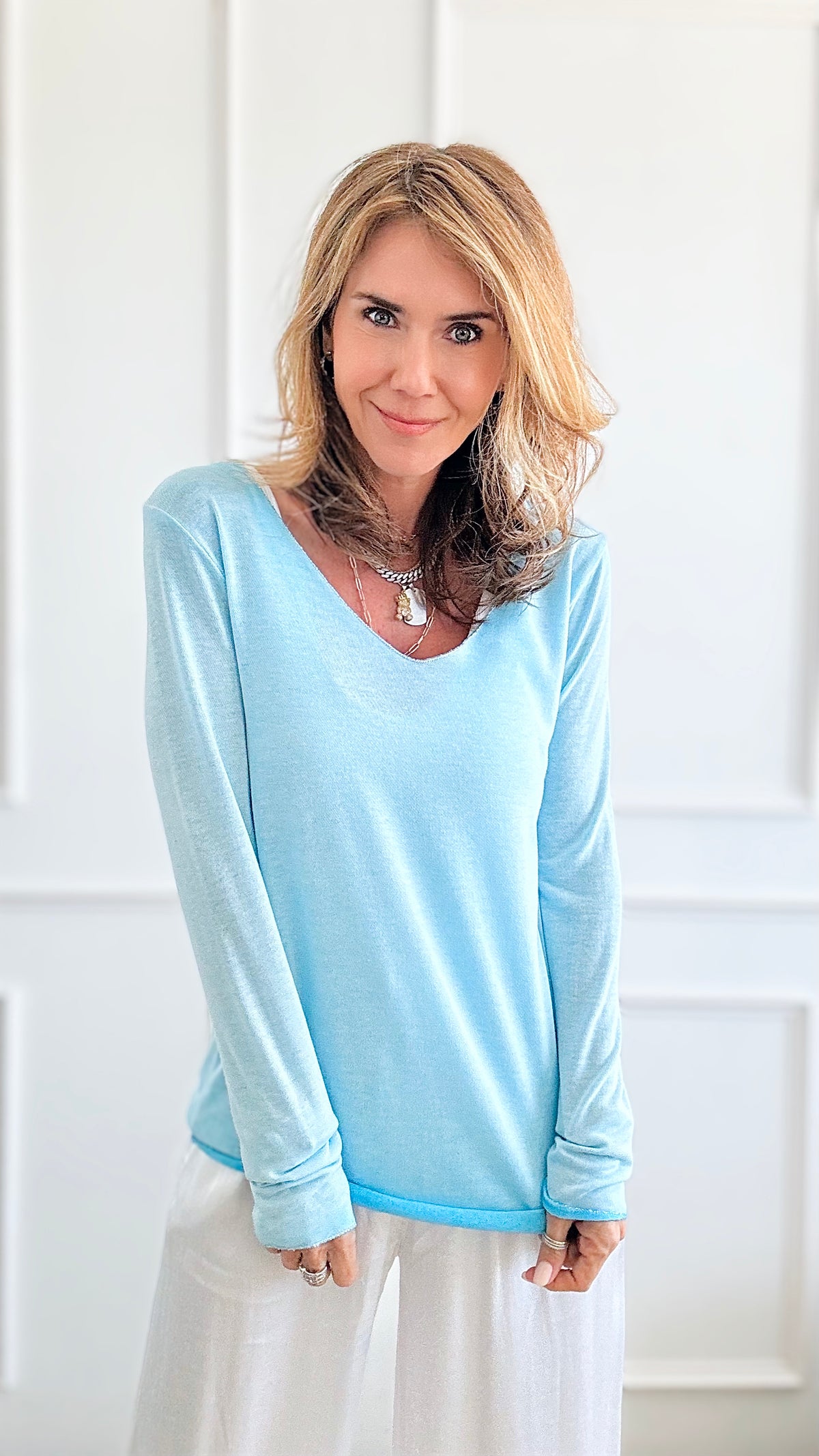 Recoleta Lurex Trim Italian Top - Turquoise-130 Long Sleeve Tops-Italianissimo-Coastal Bloom Boutique, find the trendiest versions of the popular styles and looks Located in Indialantic, FL