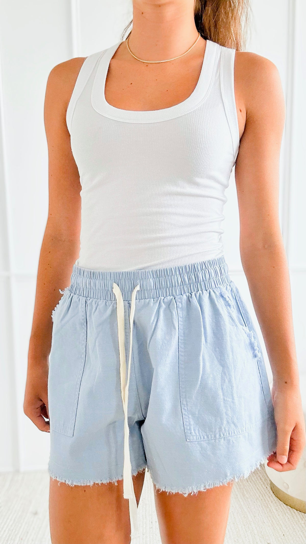 Snow Washed Shorts-Pale Blue-170 Bottoms-EESOME-Coastal Bloom Boutique, find the trendiest versions of the popular styles and looks Located in Indialantic, FL