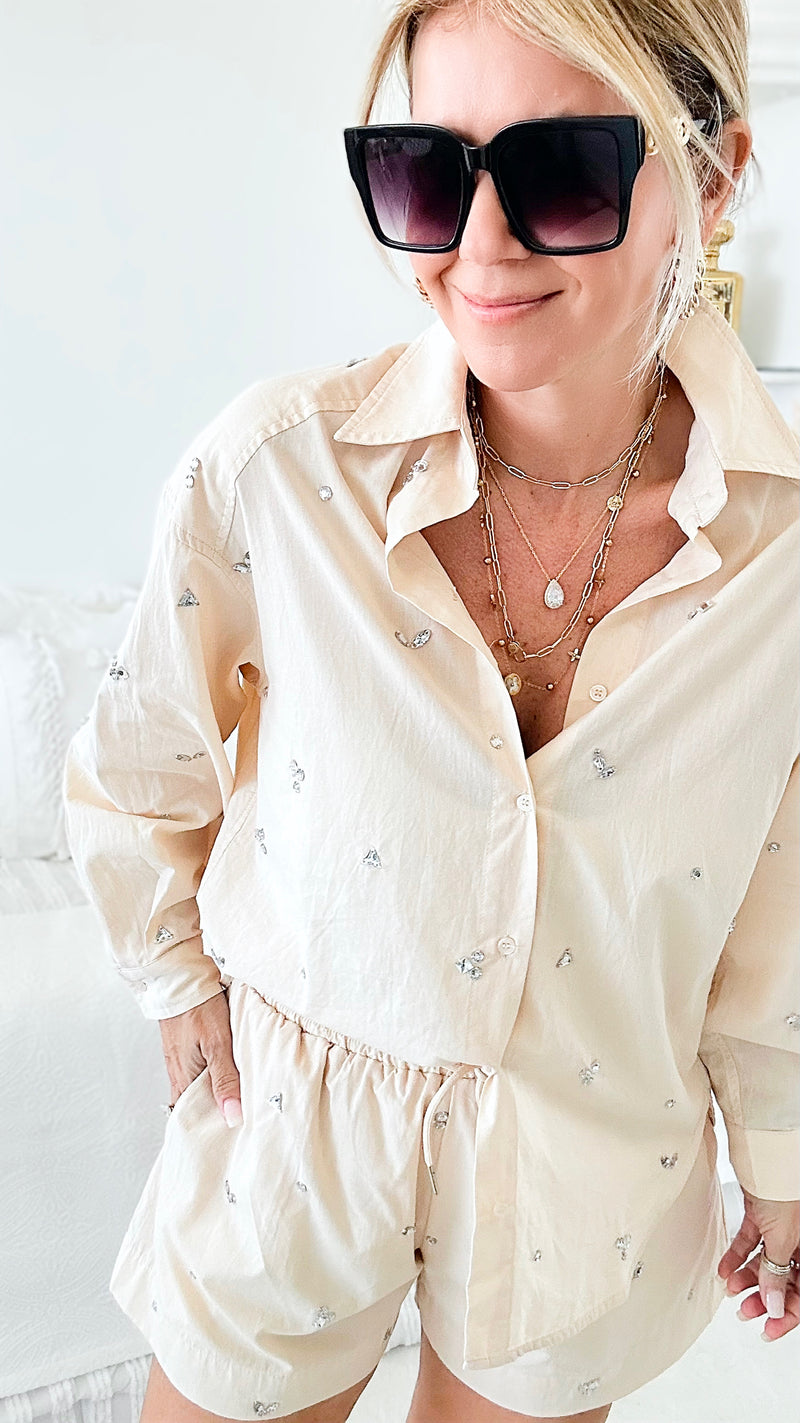 Girl Power Blouse Shorts Set - Beige-130 Long Sleeve Tops-BLUE B-Coastal Bloom Boutique, find the trendiest versions of the popular styles and looks Located in Indialantic, FL