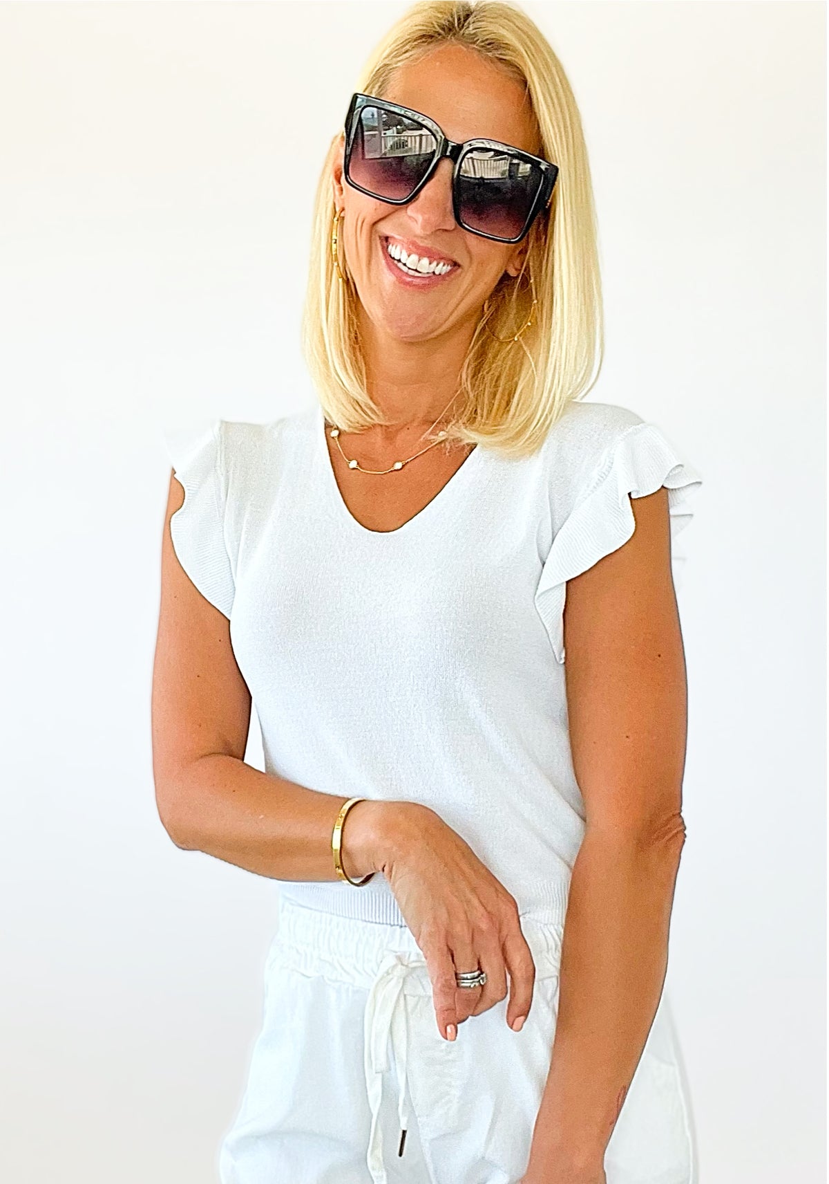 Frilly Ruffle Sleeve Italian Sweater - White-140 Sweaters-Yolly-Coastal Bloom Boutique, find the trendiest versions of the popular styles and looks Located in Indialantic, FL