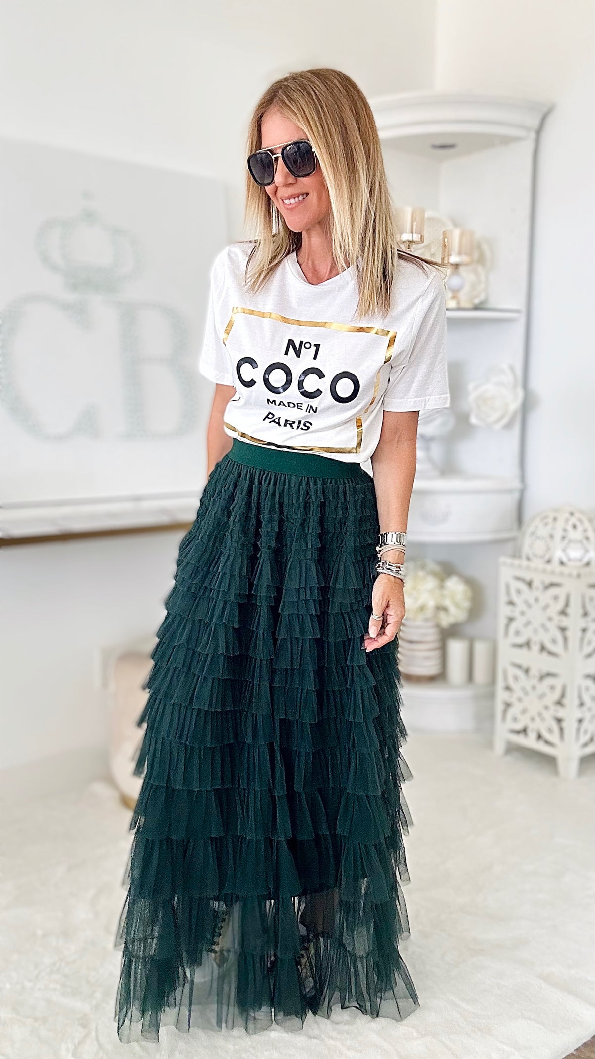 Stella Tiered Tulle Skirt - Dark Green-170 Bottoms-Taba Stitch-Coastal Bloom Boutique, find the trendiest versions of the popular styles and looks Located in Indialantic, FL