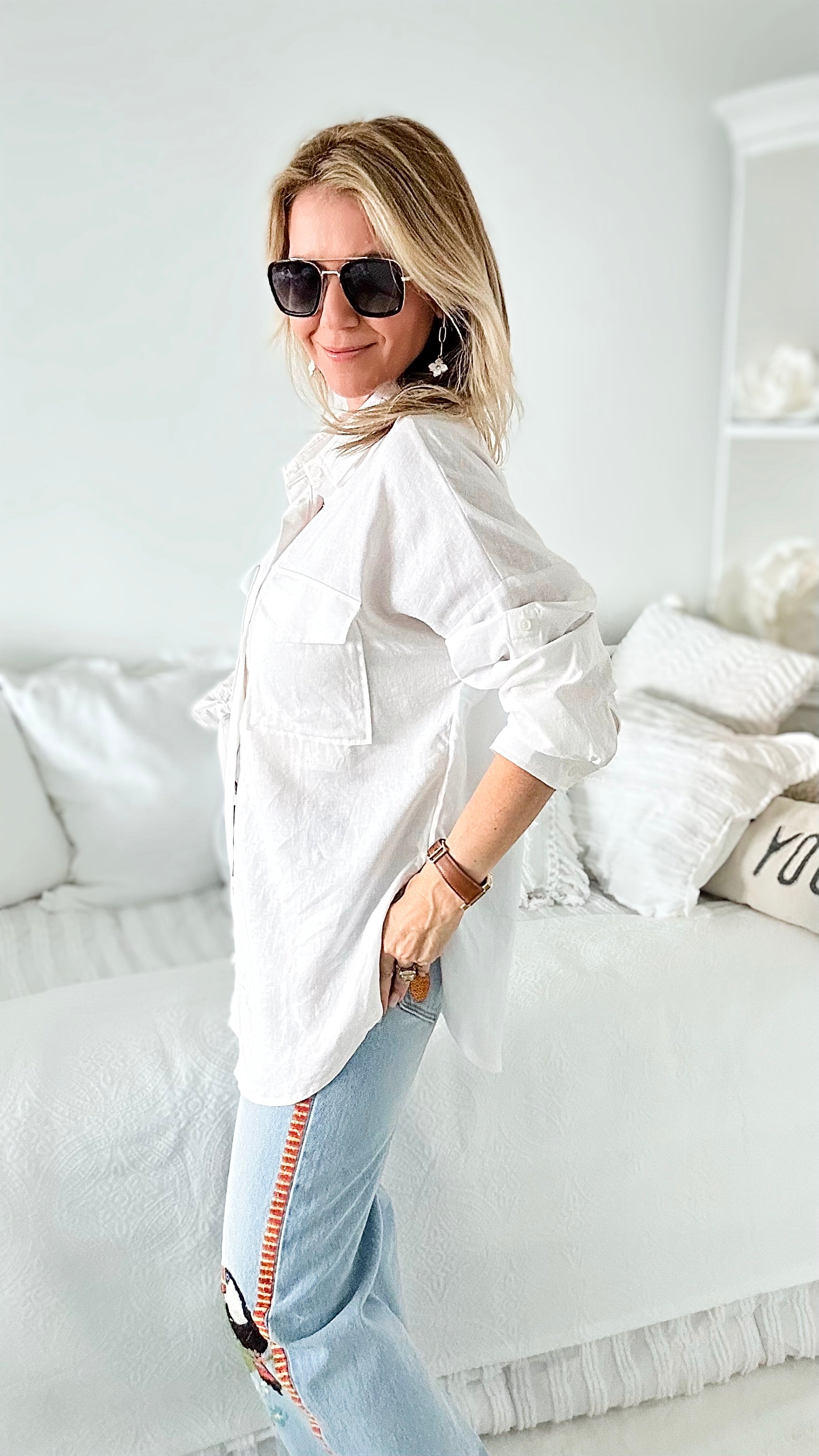 Oversized Double Pocket Blouse - White-130 Long Sleeve Tops-Love Tree Fashion-Coastal Bloom Boutique, find the trendiest versions of the popular styles and looks Located in Indialantic, FL