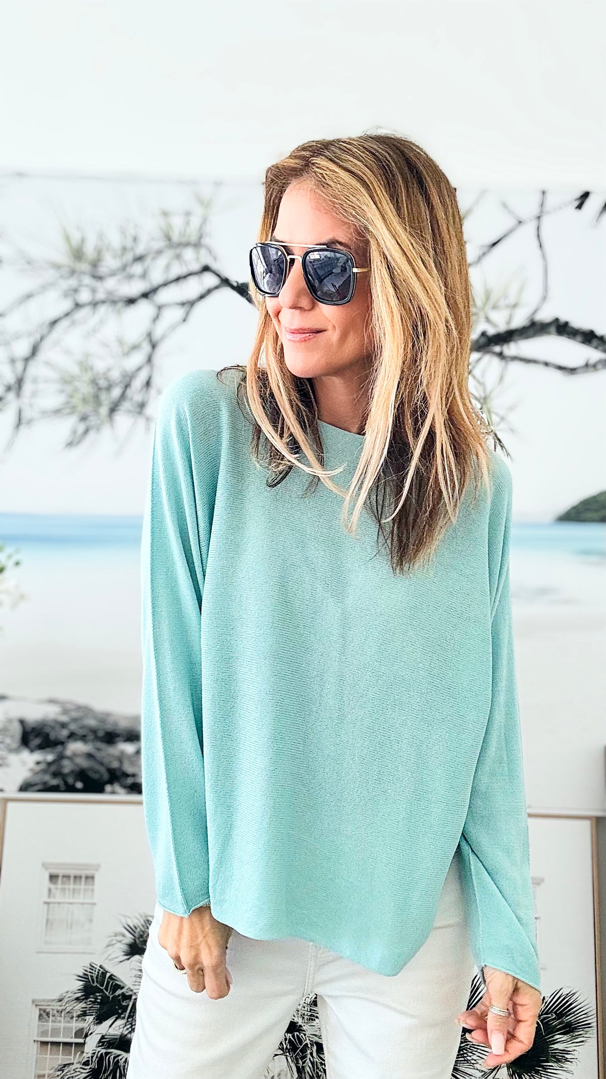 Long Sleeve Italian Knit Pullover - Aqua-140 Sweaters-Germany-Coastal Bloom Boutique, find the trendiest versions of the popular styles and looks Located in Indialantic, FL