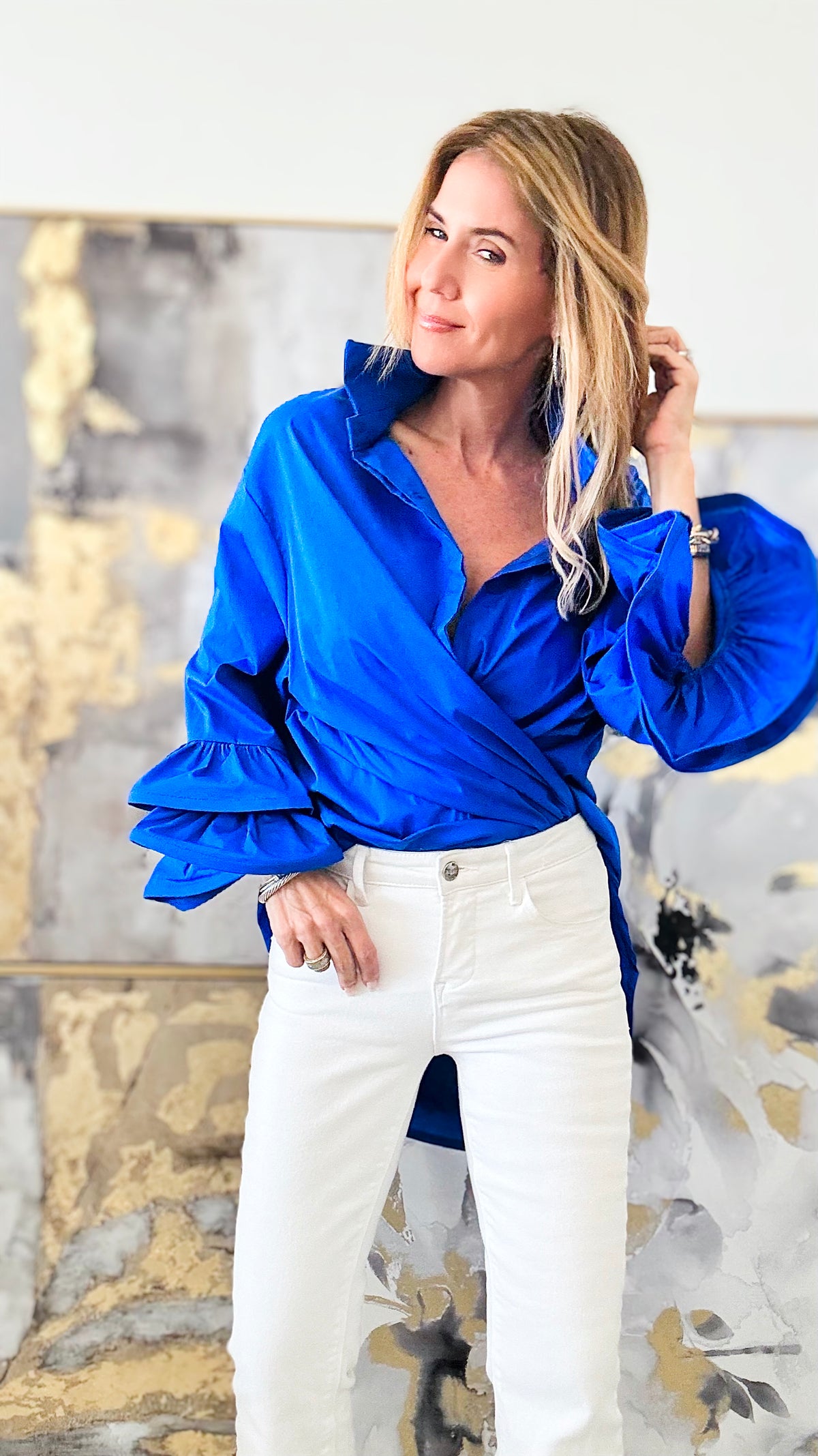 Ruffle Bell Sleeve Italian Blouse - Royal Blue-130 Long sleeve top-Germany-Coastal Bloom Boutique, find the trendiest versions of the popular styles and looks Located in Indialantic, FL