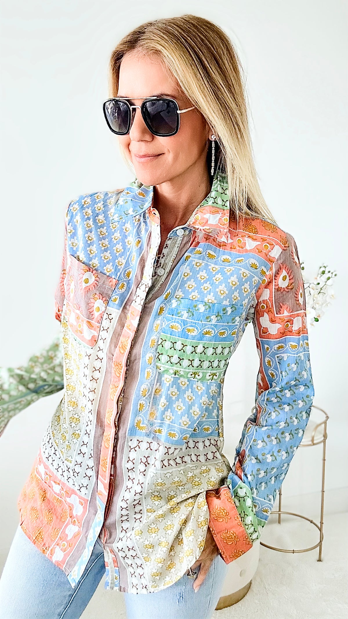 Tuscan Table Patchwork Button Up Top-130 Long Sleeve Tops-Magazine-Coastal Bloom Boutique, find the trendiest versions of the popular styles and looks Located in Indialantic, FL
