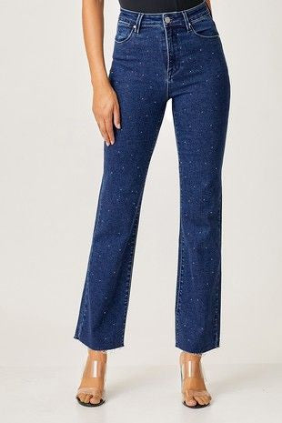 Rhinestones Straight Embellished Jeans - Dark Blue-170 Bottoms-RISEN JEANS-Coastal Bloom Boutique, find the trendiest versions of the popular styles and looks Located in Indialantic, FL