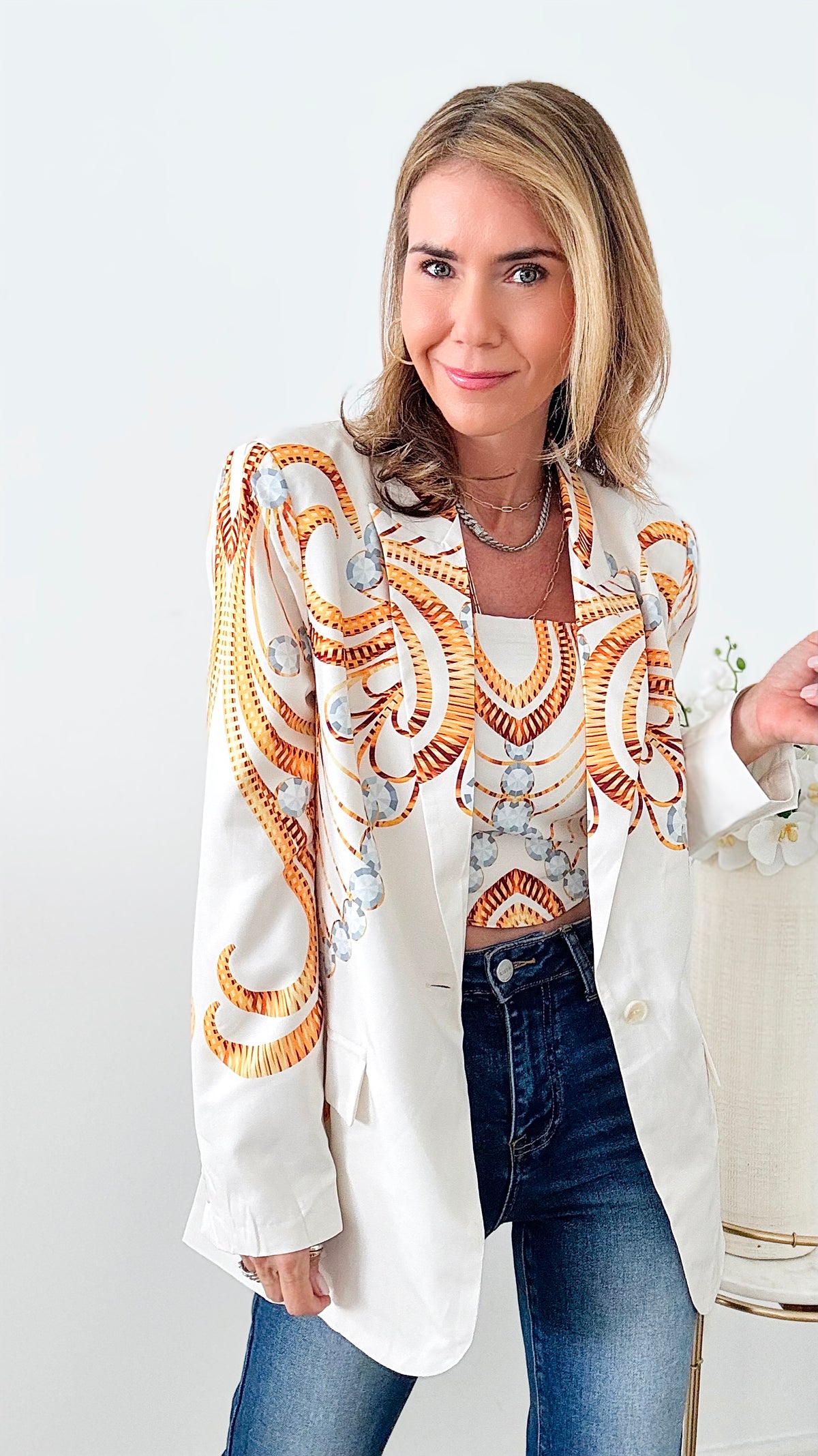 Jewelry Print Blazer & Crop Tube Top Set-160 Jackets-Her Bottari-Coastal Bloom Boutique, find the trendiest versions of the popular styles and looks Located in Indialantic, FL