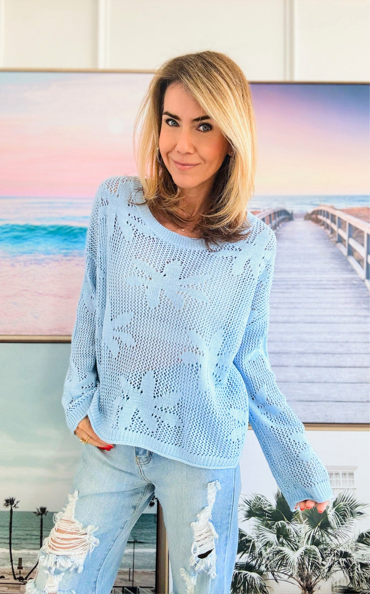 Flower Lightweight Knit Sweater - Light Blue-140 Sweaters-Miracle-Coastal Bloom Boutique, find the trendiest versions of the popular styles and looks Located in Indialantic, FL