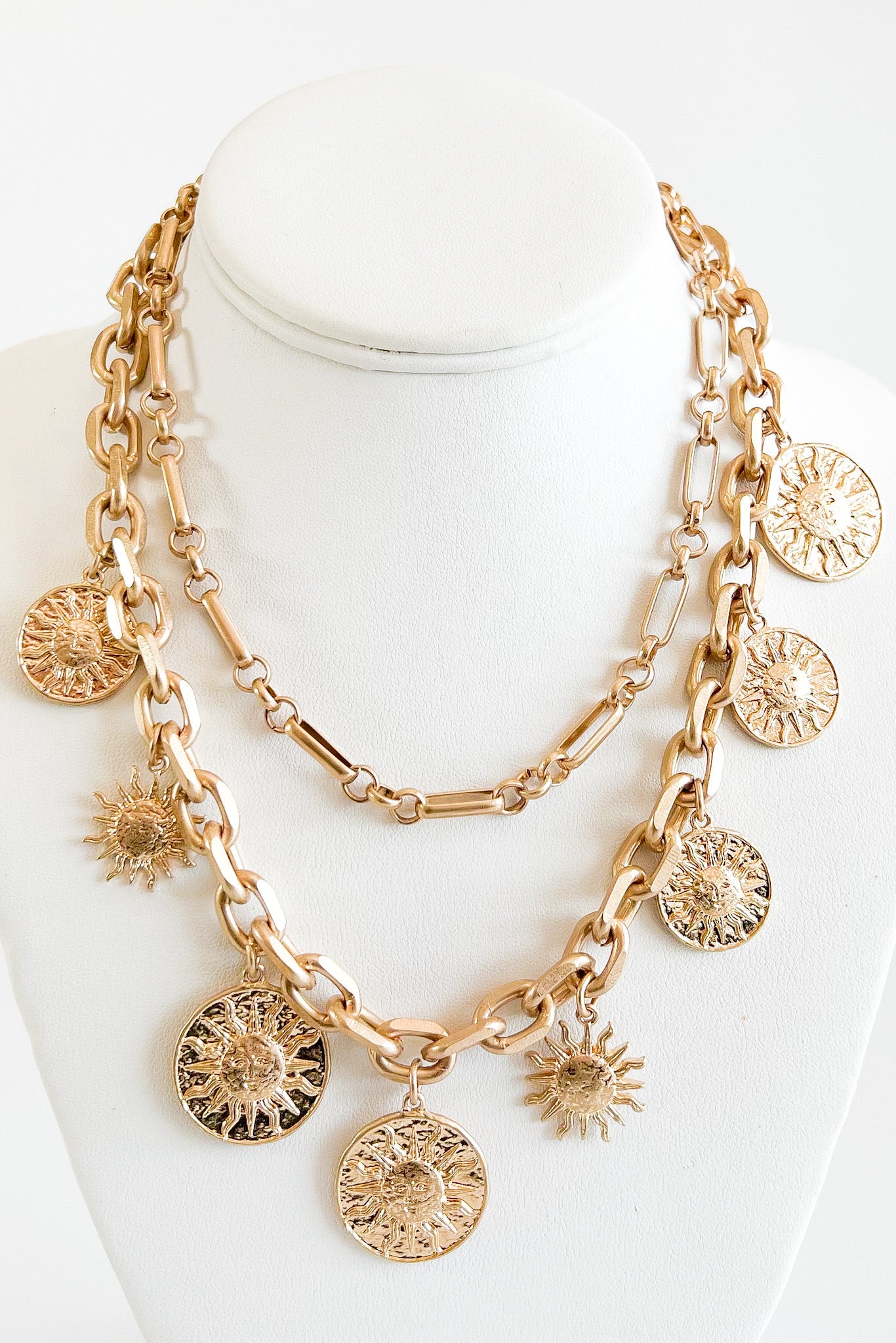 Sun Coin Charm Double Necklace-230 Jewelry-FAME ACCESSORIES-Coastal Bloom Boutique, find the trendiest versions of the popular styles and looks Located in Indialantic, FL