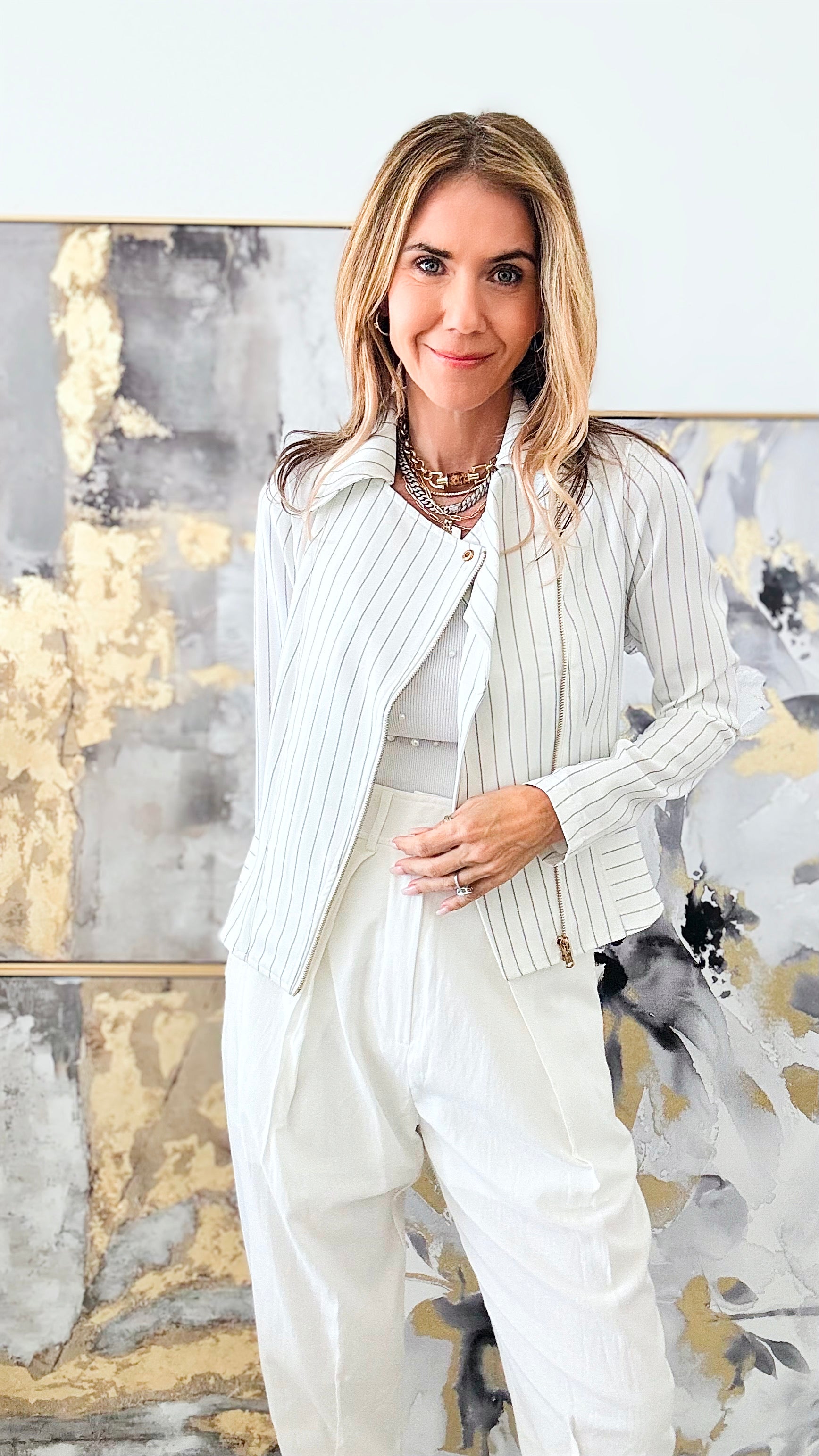 Striped Zipper Short Blazer Jacket - White-160 Jackets-Michel-Coastal Bloom Boutique, find the trendiest versions of the popular styles and looks Located in Indialantic, FL