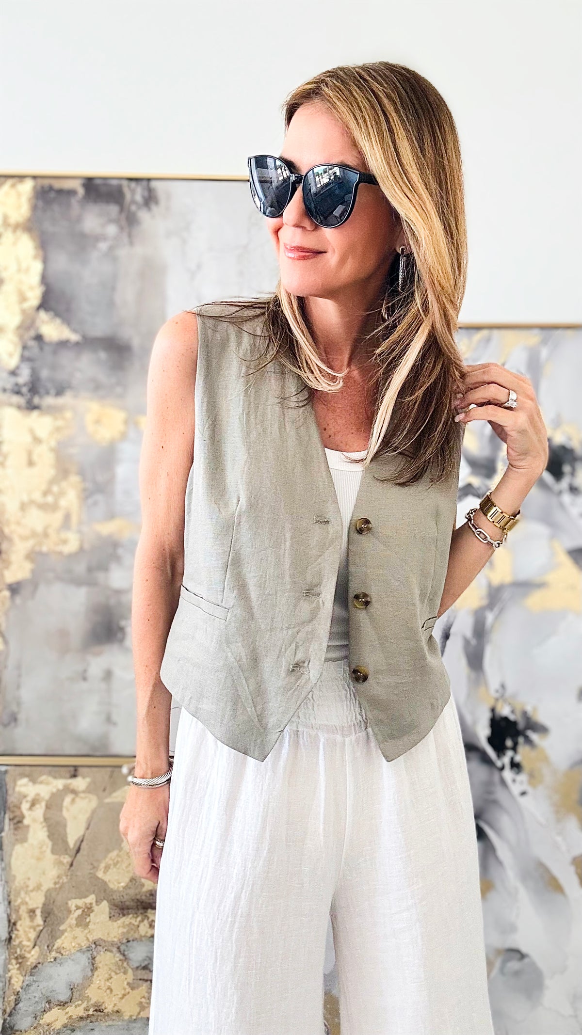 Linen Button Down Vest Top - Greystone-160 Jackets-LOVE TREE-Coastal Bloom Boutique, find the trendiest versions of the popular styles and looks Located in Indialantic, FL