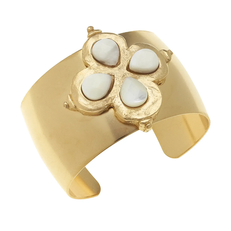 Gold Clover with White Quartz Cuff Bracelet-230 Jewelry-SUSAN SHAW-Coastal Bloom Boutique, find the trendiest versions of the popular styles and looks Located in Indialantic, FL
