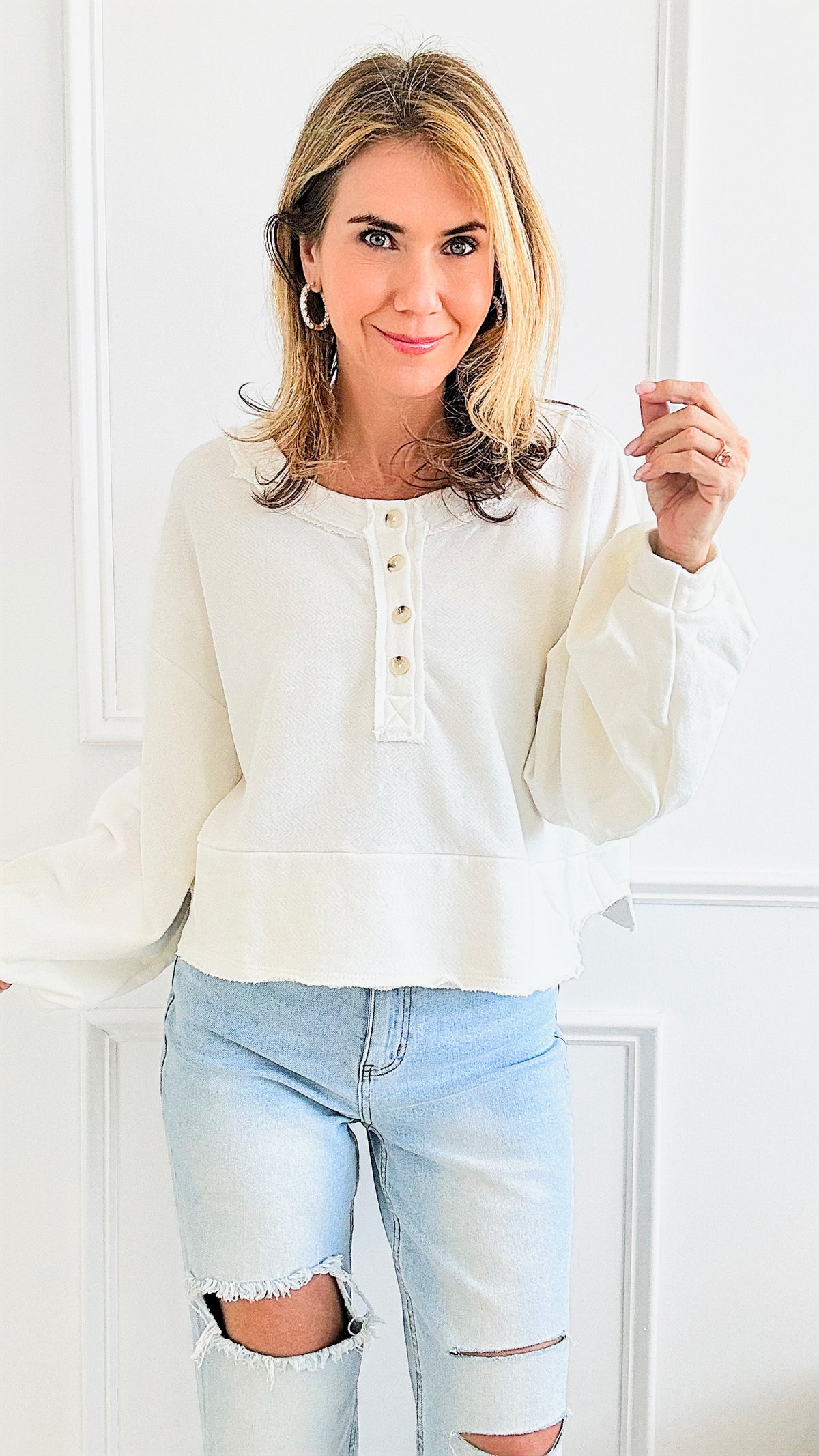 Button-up Crop Long Sleeves Top - Ivory-130 Long Sleeve Tops-BucketList-Coastal Bloom Boutique, find the trendiest versions of the popular styles and looks Located in Indialantic, FL