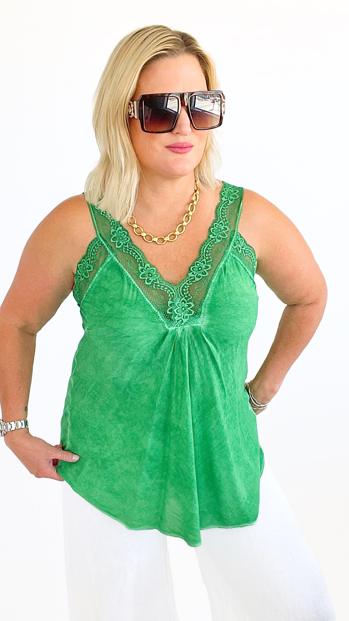Italian Elegant Lace Trim Cami - Kelly Green-100 Sleeveless Tops-Yolly-Coastal Bloom Boutique, find the trendiest versions of the popular styles and looks Located in Indialantic, FL