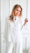 Satin Ruffle Button Down Top - White-130 Long Sleeve Tops-she+sky-Coastal Bloom Boutique, find the trendiest versions of the popular styles and looks Located in Indialantic, FL