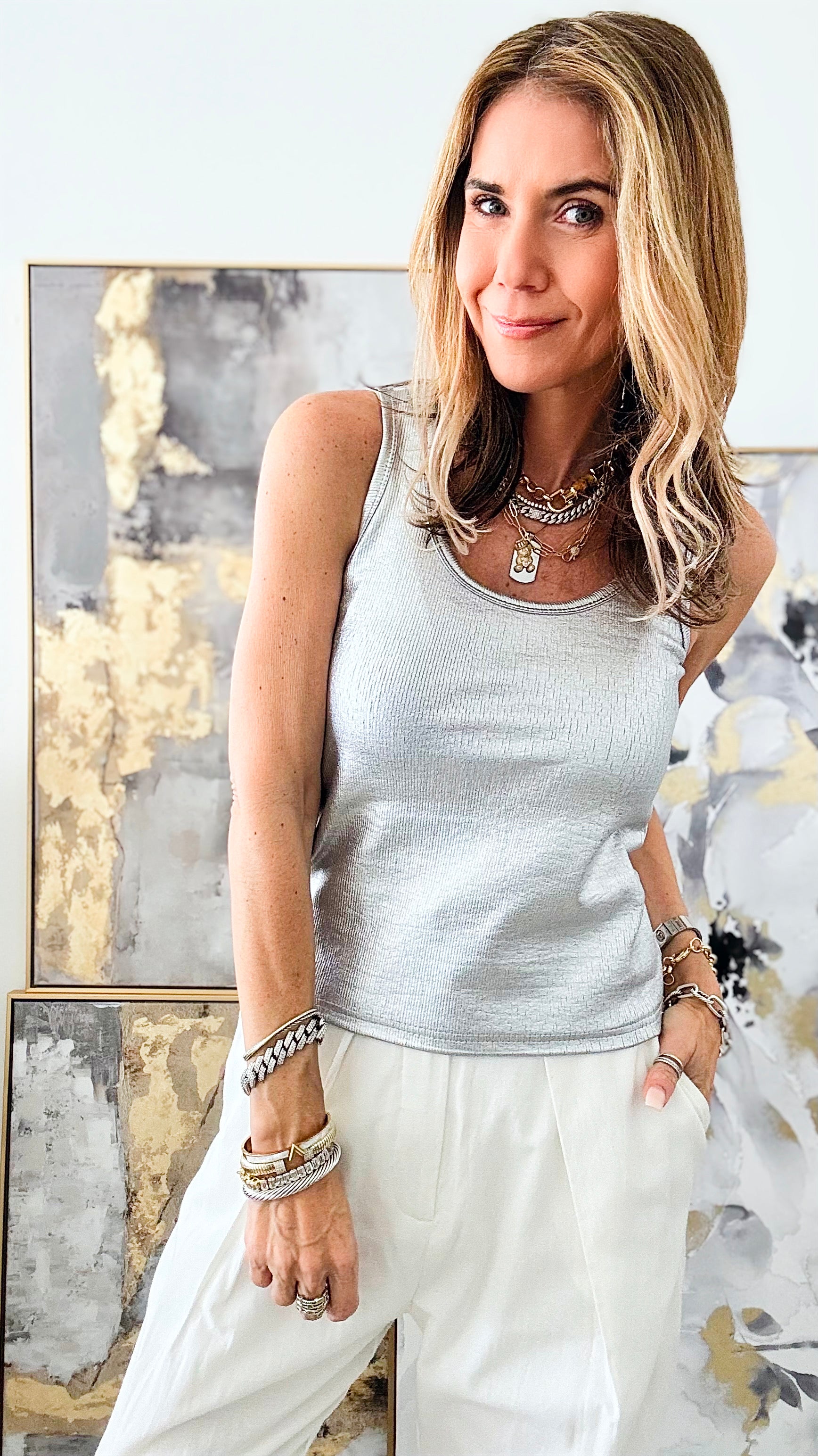 Metallic Tank Top - Silver-100 Sleeveless Tops-Galita-Coastal Bloom Boutique, find the trendiest versions of the popular styles and looks Located in Indialantic, FL