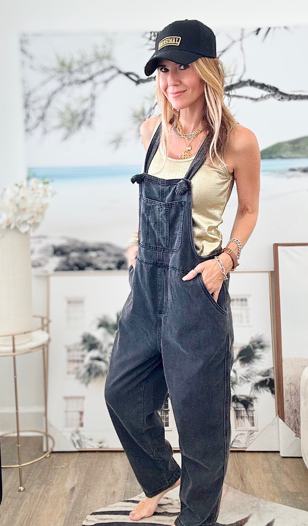 Knot Strap Relaxed Fit Overalls - Black-170 Bottoms-Zenana-Coastal Bloom Boutique, find the trendiest versions of the popular styles and looks Located in Indialantic, FL