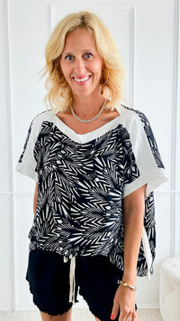 Feather Print Contrast Band Top-110 Short Sleeve Tops-TYCHE-Coastal Bloom Boutique, find the trendiest versions of the popular styles and looks Located in Indialantic, FL