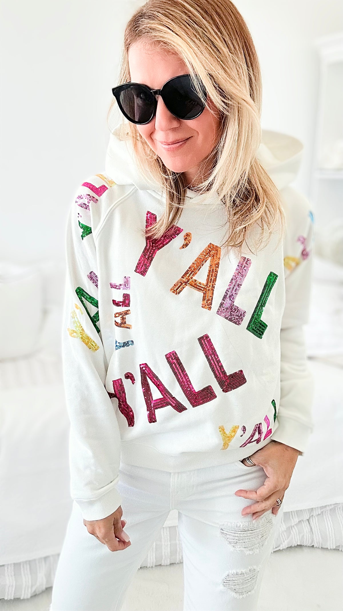 Y'ALL Ready For This Sweatshirt - Off White-150 Cardigans/Layers-Blue B-Coastal Bloom Boutique, find the trendiest versions of the popular styles and looks Located in Indialantic, FL