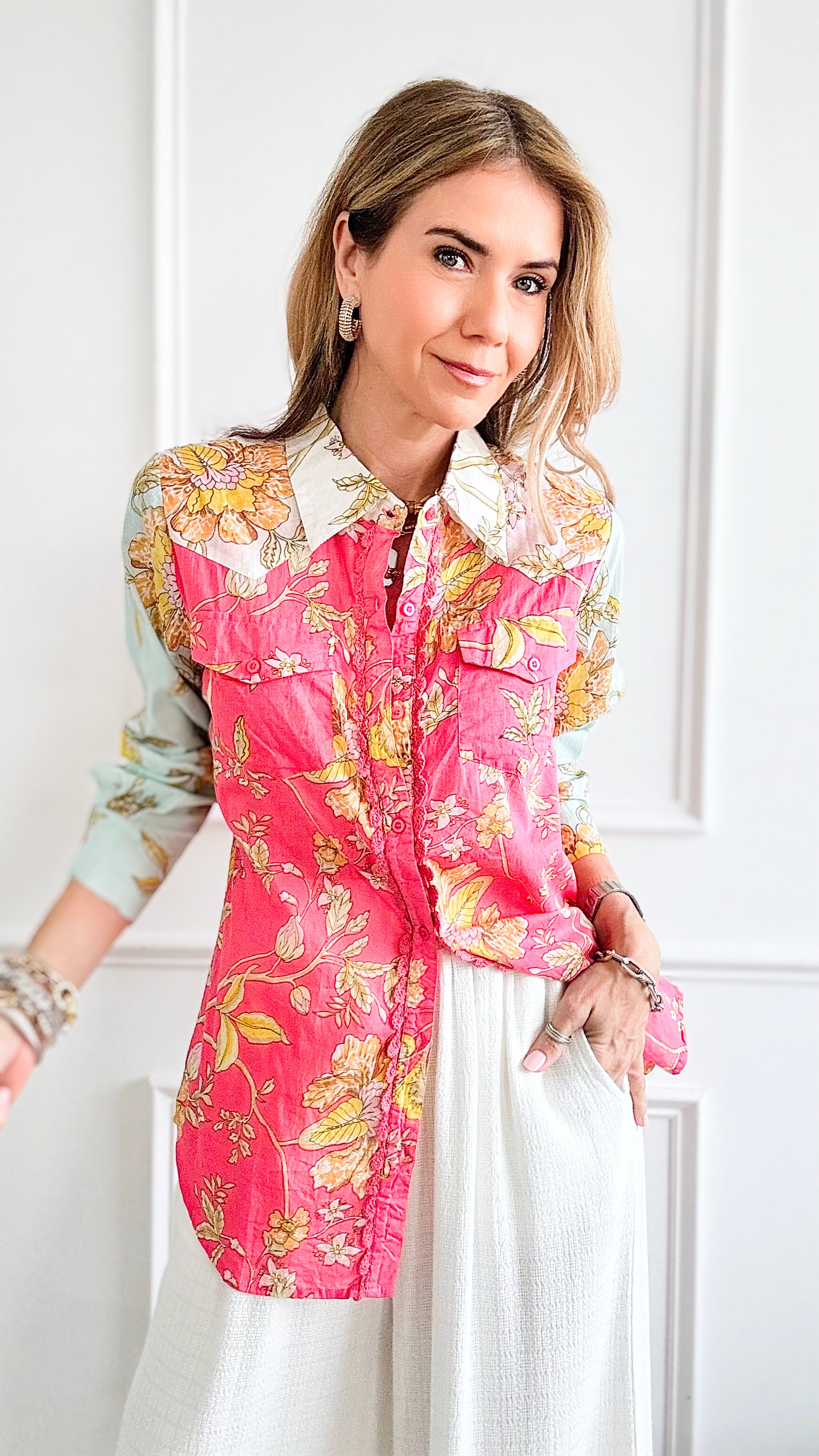 Floral Split Print Button Down Shirt-130 Long Sleeve Tops-Magazine-Coastal Bloom Boutique, find the trendiest versions of the popular styles and looks Located in Indialantic, FL