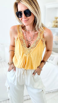 Italian Elegant Lace Trim Cami - Mustard-100 Sleeveless Tops-Germany-Coastal Bloom Boutique, find the trendiest versions of the popular styles and looks Located in Indialantic, FL