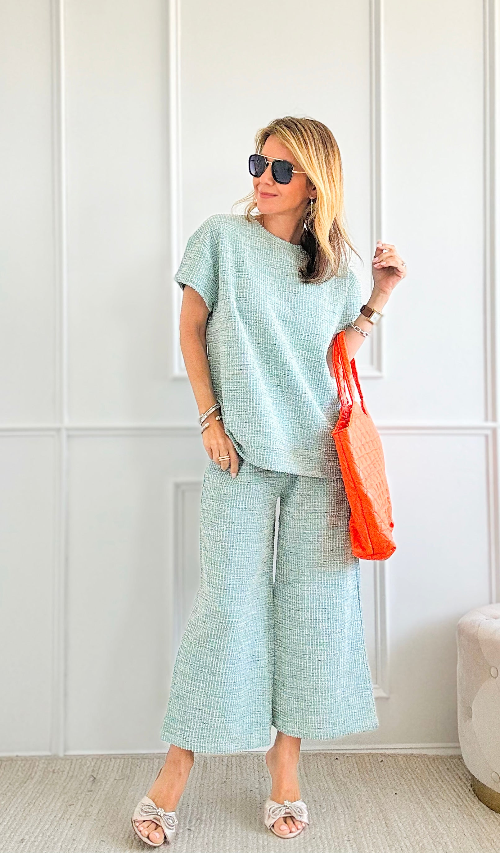 Boucle Textured Wide Cropped Set - Mint-210 Loungewear/Sets-See and Be Seen-Coastal Bloom Boutique, find the trendiest versions of the popular styles and looks Located in Indialantic, FL