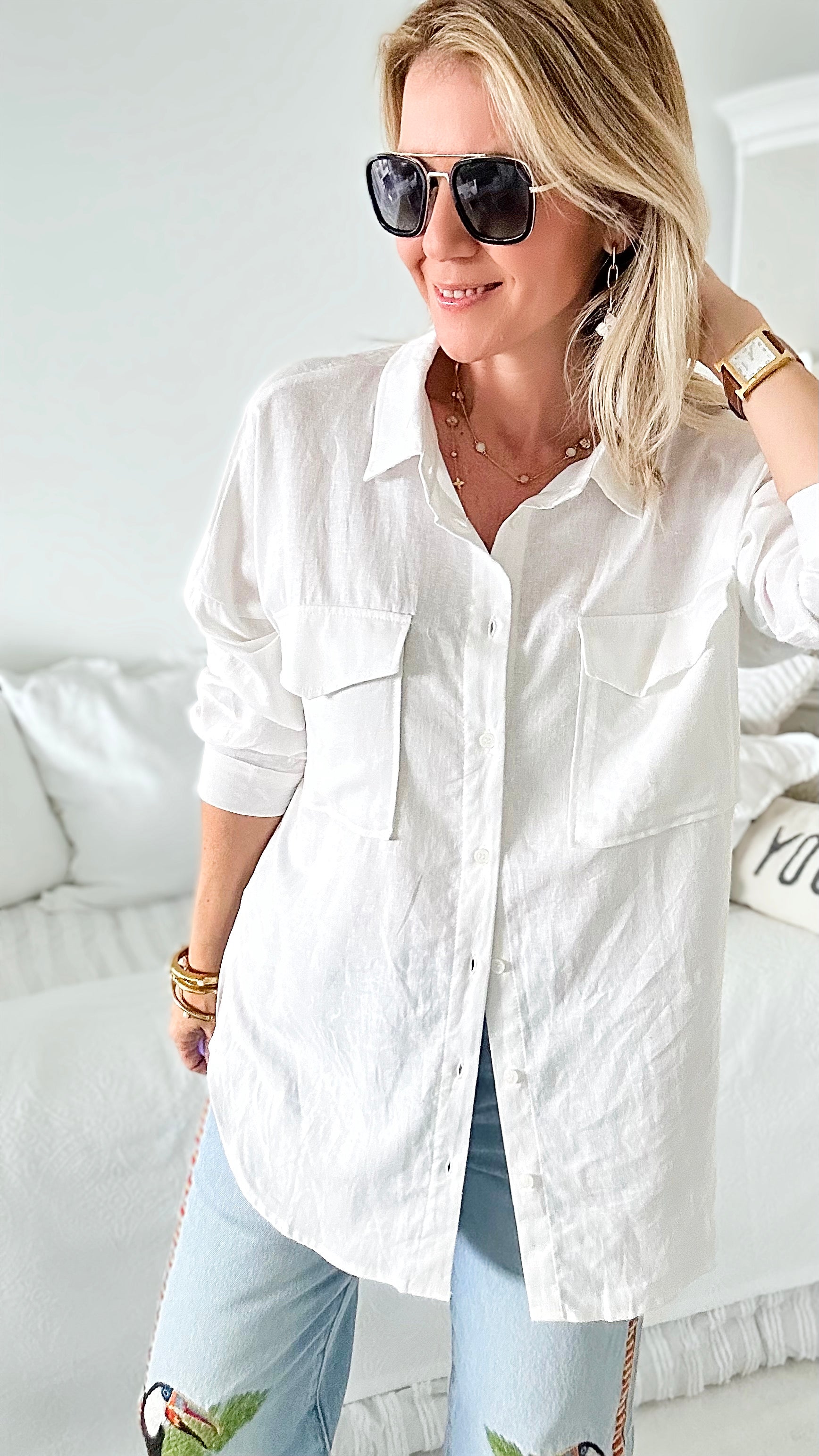 Oversized Double Pocket Blouse - White-130 Long Sleeve Tops-Love Tree Fashion-Coastal Bloom Boutique, find the trendiest versions of the popular styles and looks Located in Indialantic, FL