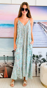 Sleeveless Boho Floral Maxi Dress - Turquoise-200 dresses/jumpsuits/rompers-Fashion Fuse-Coastal Bloom Boutique, find the trendiest versions of the popular styles and looks Located in Indialantic, FL