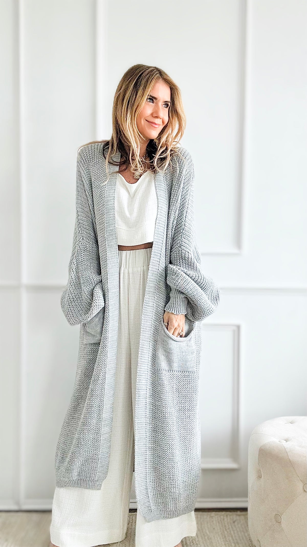 Sugar High Long Italian Cardigan - Lt Grey-150 Cardigans/Layers-Germany-Coastal Bloom Boutique, find the trendiest versions of the popular styles and looks Located in Indialantic, FL